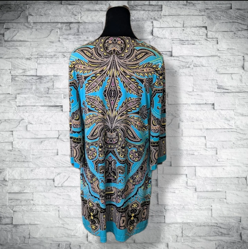 Teal Turquoise Stretch Mini Dress 3/4 Sleeves Boat Neck Flattering Fit D10 - Picture 7 of 11